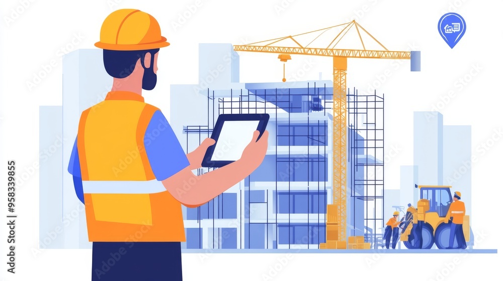 Aufkleber an engineer holding a tablet, inspecting the progress of a high-rise building while communicating wi