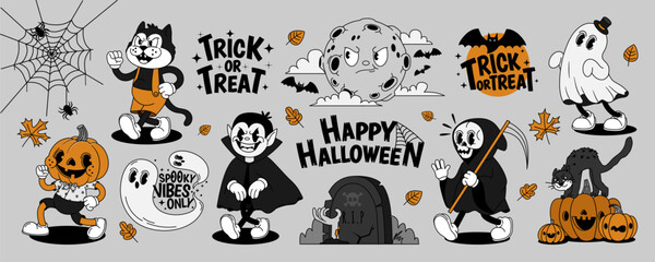 Retro Halloween characters. Cartoon festive atmosphere with creepy ghost, funny pumpkin, vampire, moon, bat, black cat. Scary decorations. Happy Halloween vector lettering.