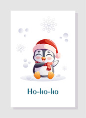 Merry Christmas and New Year greeting card. The Christmas character is a penguin, snowflakes. Vector illustration for poster, banner, postcard, invitation, cover.