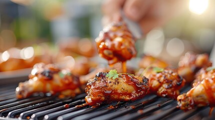 A close-up of a chicken wing smothered in barbecue sauce.