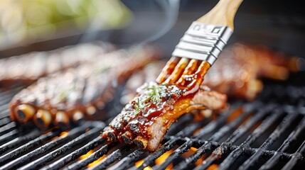 A basting brush laden with sticky, caramelized barbecue sauce.