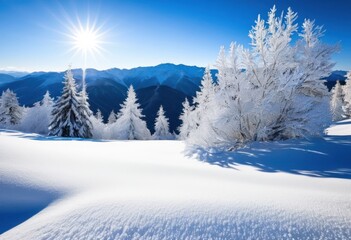 Obraz premium breathtaking winter landscape featuring majestic snow covered trees under clear blue sky, forest, ice, beauty, tranquil, white, branch, sunlight, frost