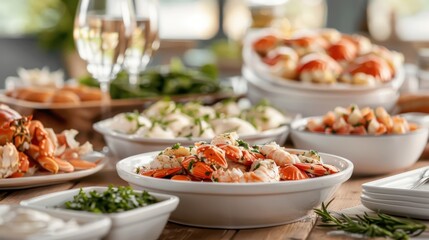 Grand table set for a gourmet crab claw feast with a variety of dishes, sauces, and sides.