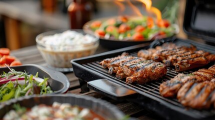 Obraz premium Outdoor barbecue with a variety of grilled pork leg dishes, fresh salads, and zesty sauces.