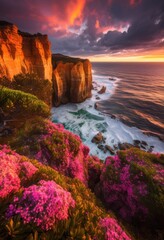 breathtaking cliffs bathed warm light radiant sunrise sky vibrant colors dramatic landscape, nature, scenery, morning, view, beauty, vibrance, rock