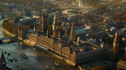 Marvel at the intricate design of the Palace of Westminster from an aerial perspective.