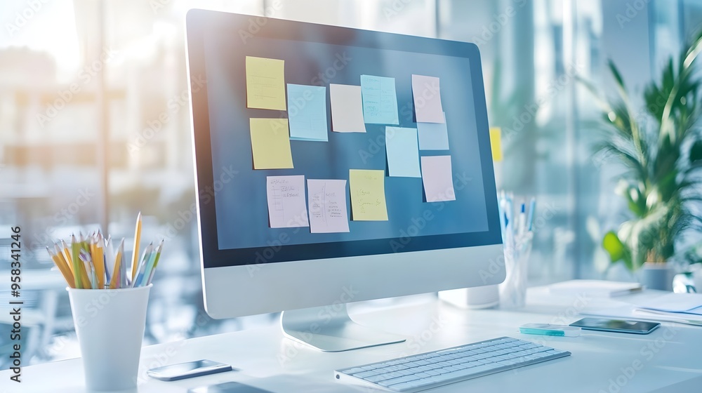 Poster modern office desk with computer and colorful notes