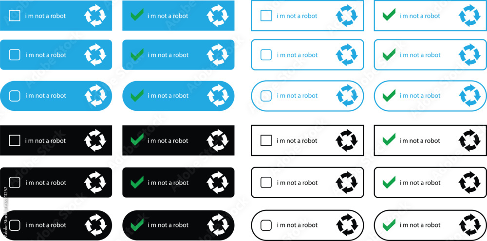 Poster i m not a robot checkbox icons set in blue, black flat, line styles. concepts technology human check