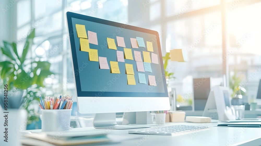 Poster modern office desk with computer and sticky notes