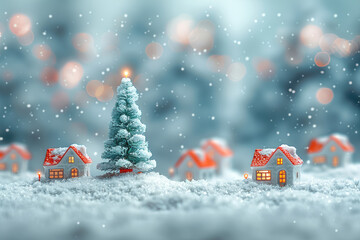 Fototapeta premium Snow-Covered Porcelain Houses with Bokeh Lights