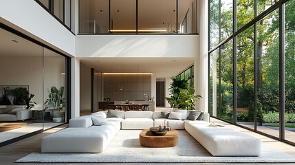 Open-concept loft living room with a minimalist design, featuring modern furniture in shades of white and gray, large windows that allow natural light to fill the space,
