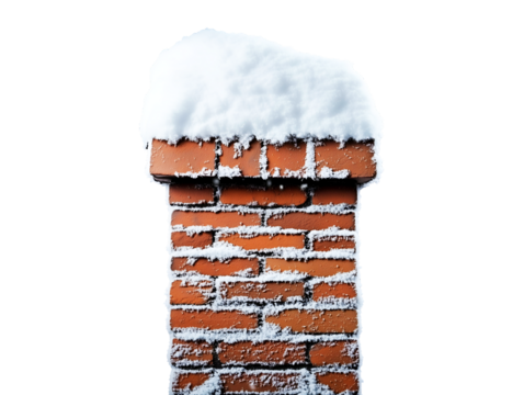 Snow-covered brick chimney isolated on transparent or white background