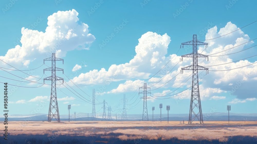 Poster an industrial landscape featuring several high-voltage power lines and transmission towers stretchin