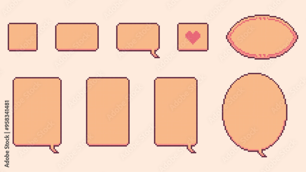 Poster pixel art speech boxes and dialogue frames for retro games. orange set of speech bubbles, message bo
