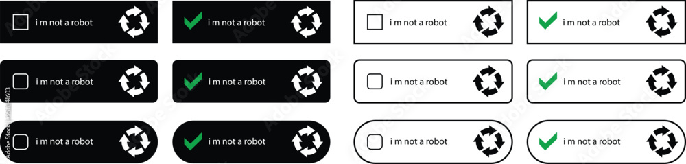 Poster i m not a robot checkbox icons set in black flat, line styles. concepts technology human check verif