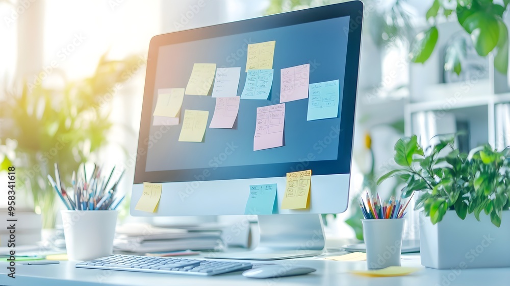 Poster modern office desk with sticky notes and computer