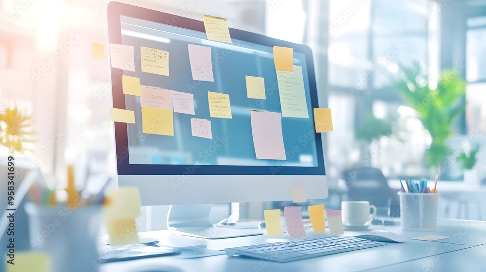 Poster modern office desk with sticky notes and computer