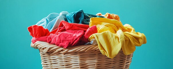 Wicker laundry basket overflowing with colorful clothes on a turquoise background