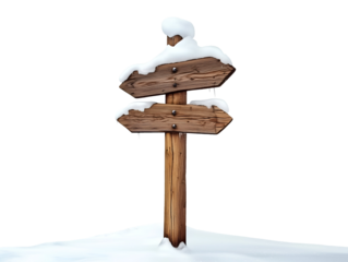 Wooden signpost in snow isolated on transparent or white background