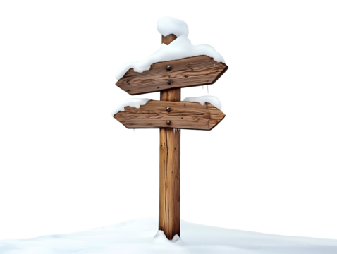 Wooden signpost in snow isolated on transparent or white background