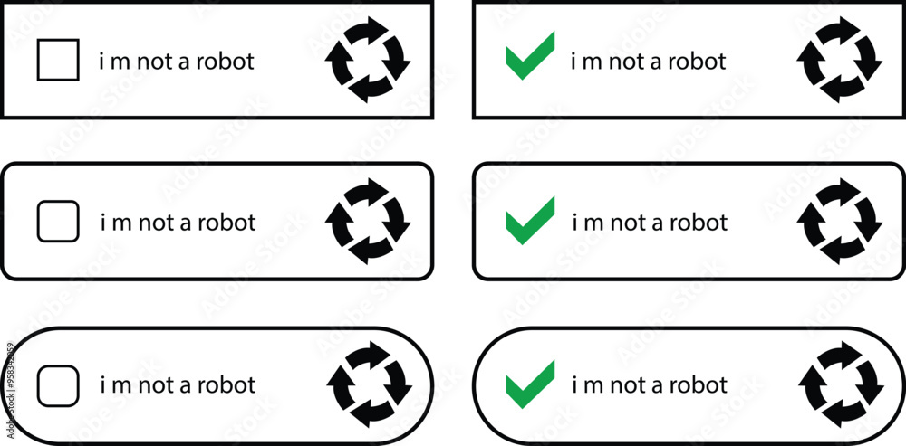 Poster I m not a robot checkbox icons Set in Black Line styles. Concepts technology human check verification hands, close up, ai. Vectors for websites and mobile apps isolated on transparent background.