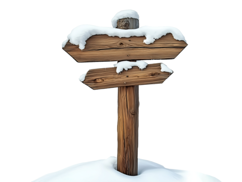 Wooden signpost in snow isolated on transparent or white background