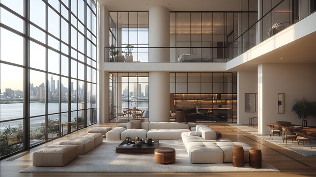 Spacious open-concept loft living room with modern decor, featuring large windows that allow plenty of natural light, sleek furniture in a neutral color palette,