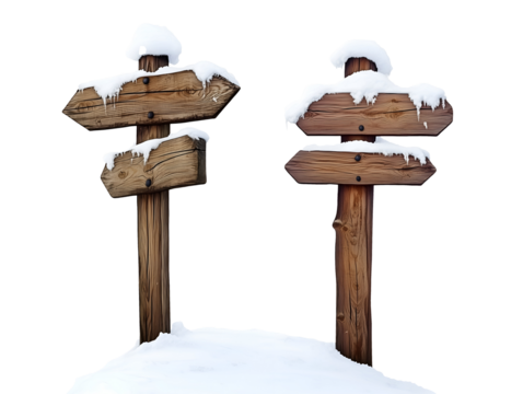 Wooden signpost in snow isolated on transparent or white background