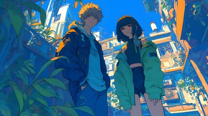 Fototapeta premium Anime Couple Posing in Urban Setting