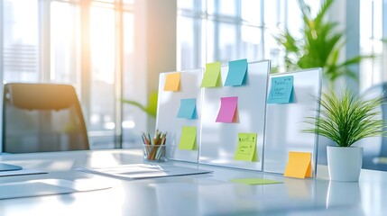 Modern Office Workspace with Sticky Notes and Plant