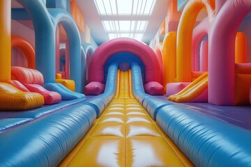 whimsical childrens birthday party scene with giant inflatable slides and bouncy castles vibrant colors and joyful atmosphere