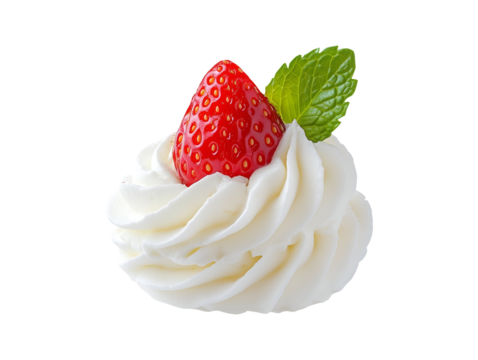 Strawberry on whipped cream isolated on transparent or white background