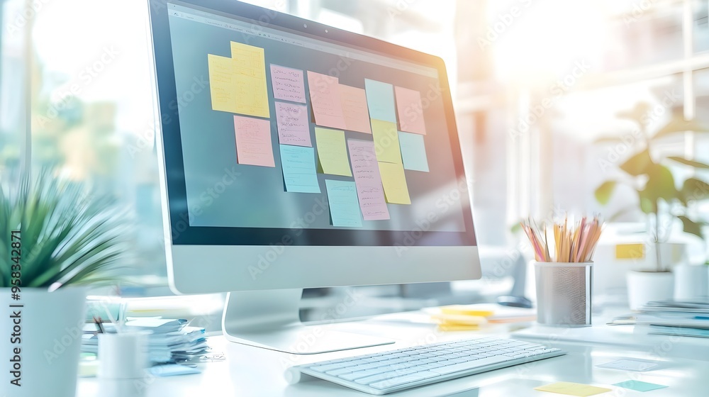 Poster modern workspace with sticky notes and keyboard