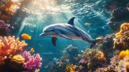 Obraz premium An underwater shot of a dolphin gliding gracefully through a coral reef, surrounded by colorful marine life and illuminated by the dappled sunlight filtering through the water.
