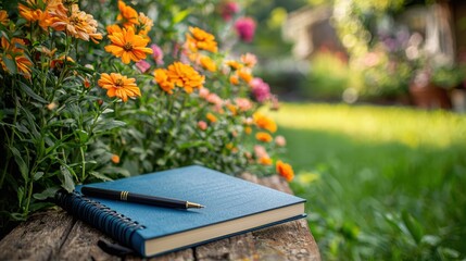 A creative outdoor workspace in a backyard garden, with a notebook, a pen, and flowers in bloom, capturing a calm and inspiring environment