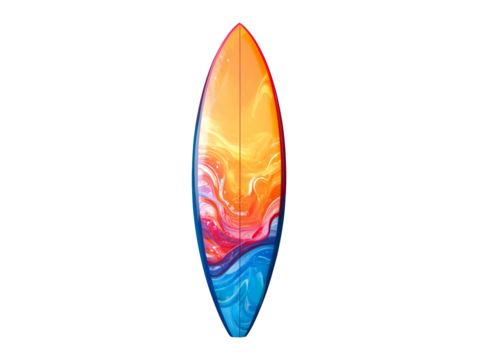 Surfboard with colorful orange and blue swirl design isolated on transparent or white background