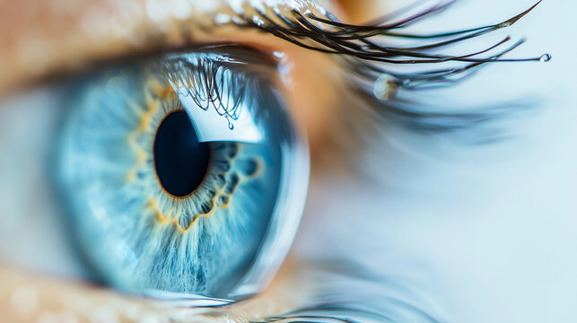 Makro-Auge: Blaue Iris, erweiterte Pupille.  Augentropfen-Konzept. Medizinische Versorgung. Optometrie. Sehkraft. Ophthalmologie