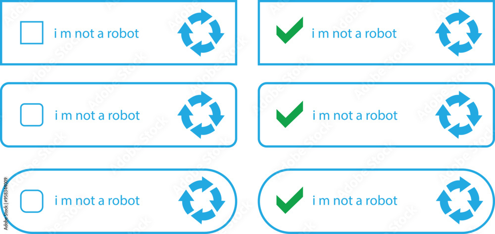 Aufkleber i m not a robot checkbox icons set in blue line styles. concepts technology human check verification