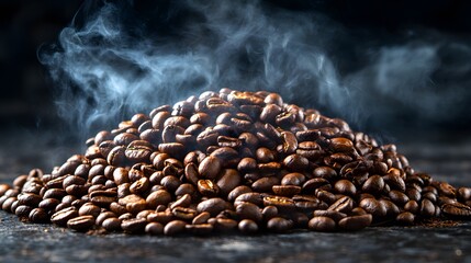 Obraz premium Roasted Coffee Beans with Steam on Dark Background