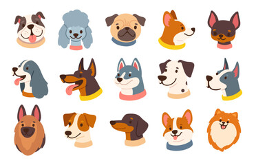 Fototapeta premium Dog avatars. Cartoon dog faces. Various doggy heads. Cute puppy portraits of different breeds. Friendly profiles pet icons. Funny muzzles. Vector set.