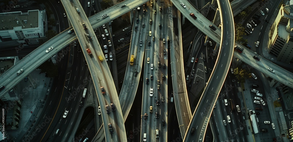 Poster observe the flow of traffic on a busy highway bridge from an aerial perspective.