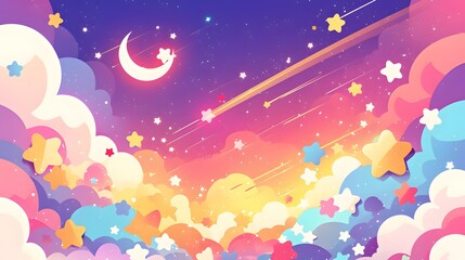Colorful Night Sky with Stars and Clouds Cartoon Illustration