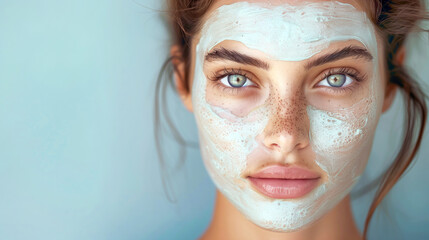 Beautiful woman with cream scrub on her face