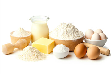 Various baking ingredients like flour, eggs, butter and milk arranged on white background. Baking and cooking essentials