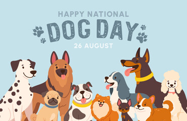 International Dog Day. Cartoon banner with dog group. Card with various doggy breeds. Pet friendly background. Funny animals for design poster. Vector concept.