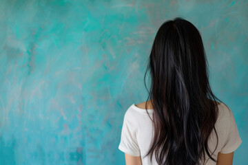 Fototapeta premium Back View of Asian Woman with Long Hair Against a Blue Pastel Background