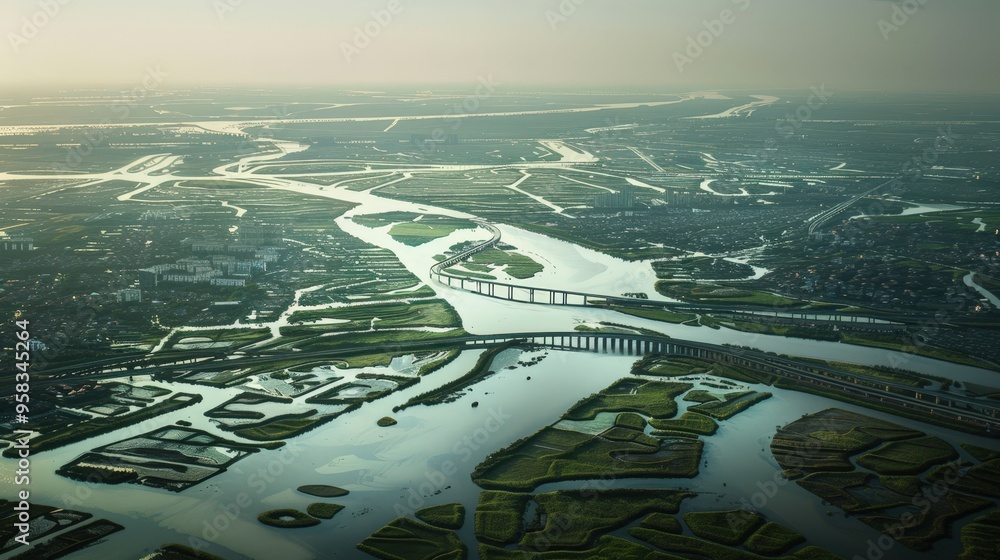 Poster observe the sprawling network of bridges connecting islands in a vast river delta