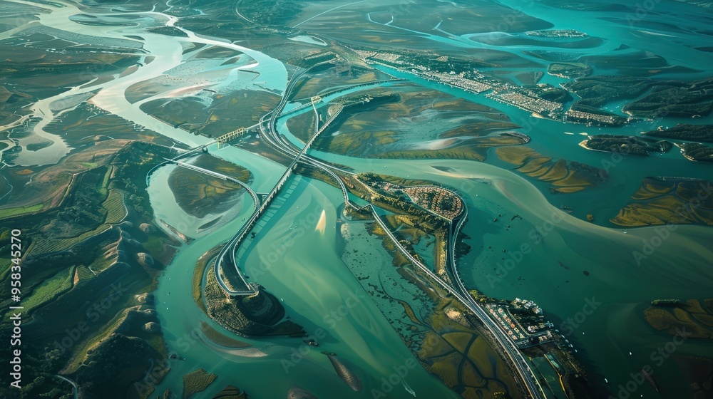 Poster observe the sprawling network of bridges connecting islands in a vast river delta