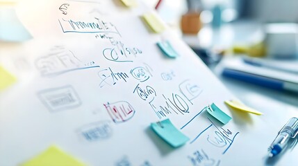 Fototapeta premium Whiteboard Brainstorming with Sticky Notes and Pen