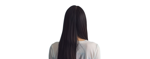 Back View of Asian Woman with Long Hair Against a Blue Pastel Background